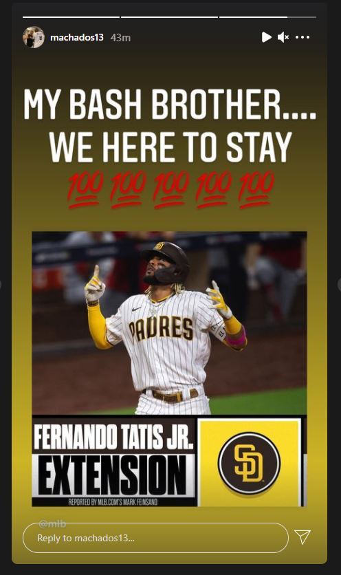 Manny Machado's post on Instagram following the news of Tatis Jr.'s deal.