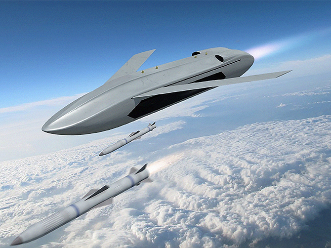 Rendering courtesy of DARPA.
An artist’s rendering from the Department of Defense shows an unmanned LongShot aircraft firing missiles. General Atomics Aeronautical Systems Inc. is among three contractors that will work to make the concept a reality.