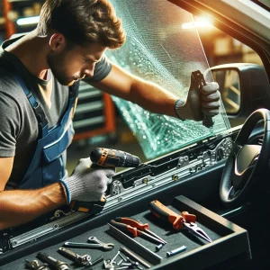 A professional auto glass technician repairing a car window track in a workshop, using specialized tools to ensure smooth window operation.