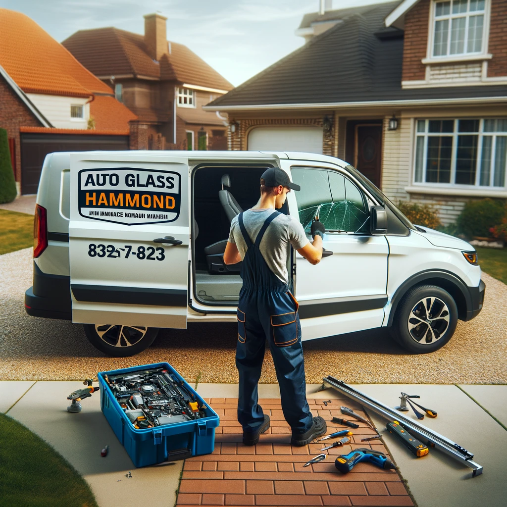 A mobile auto repair van from Auto Glass Hammond parked in a residential driveway, with a technician fixing a car window track on-site.