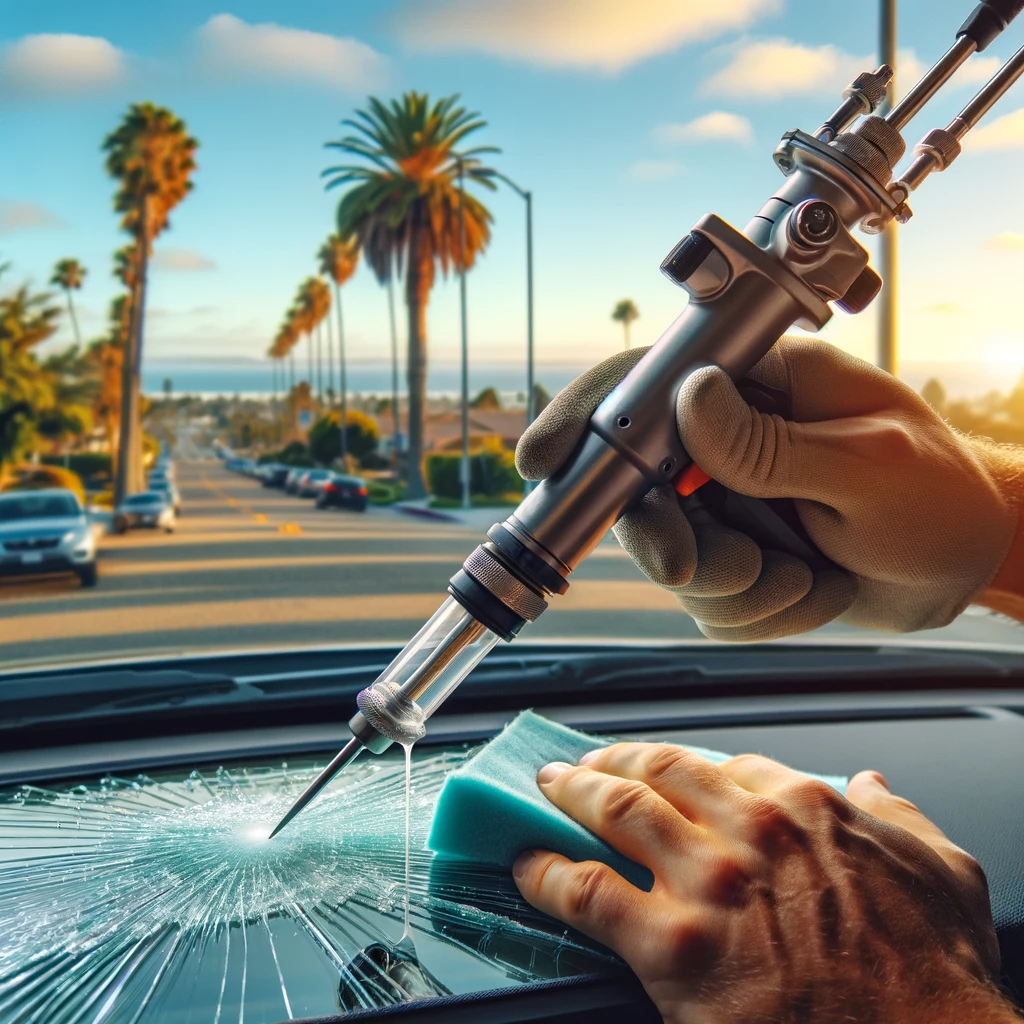 Close-up view of a car windshield being repaired with a high-quality resin injection tool, with a sunny San Diego background.